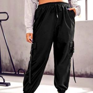 Plus Black Buckle Tape Flap Pocket Drawstring Waist Cargo Pants 3XL